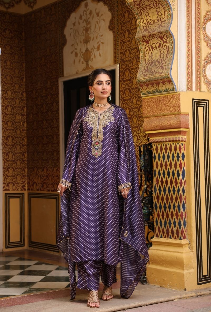 Purple Printed Pakhi Yoke Straight Mehfil Kurta Set