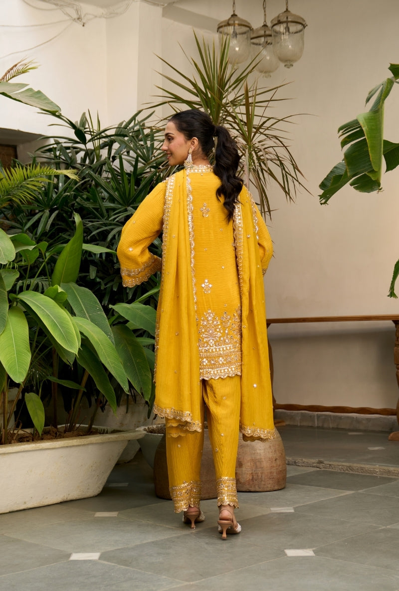 Yellow Embroidered A-Line Nadira Farshi Salwar Set