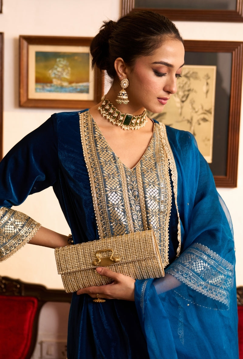 Blue Long Zari Embroidery Yoke Dilbar Farshi Salwar Set