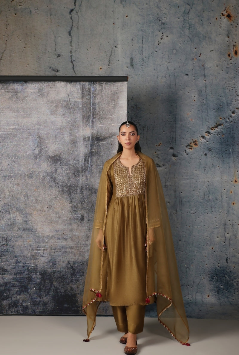 Olive Green Frockstyle Nihira Kurta Set