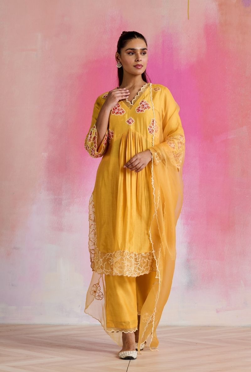 Yellow Applique And Cutwork Amara Kurta Set