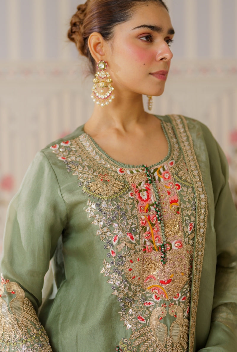 Pista Green Gota and Resham Hand Embroidered Mallika Sharara Set
