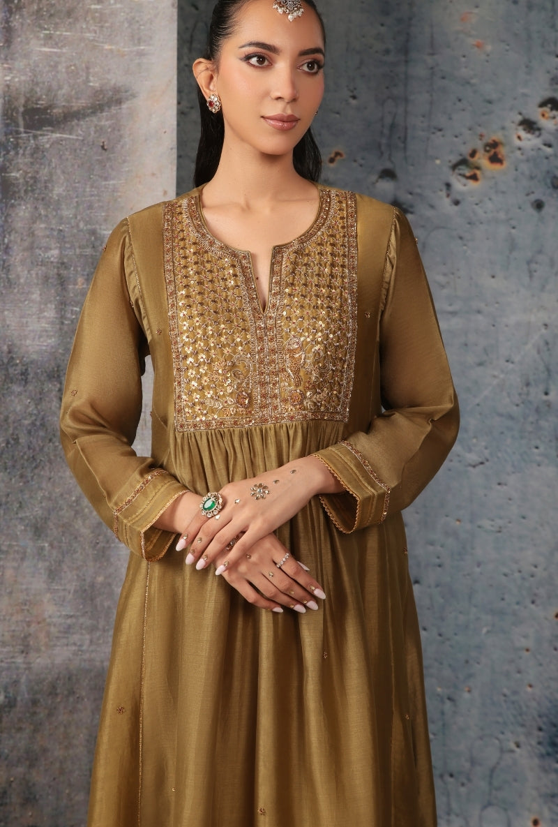 Olive Green Frockstyle Nihira Kurta Set