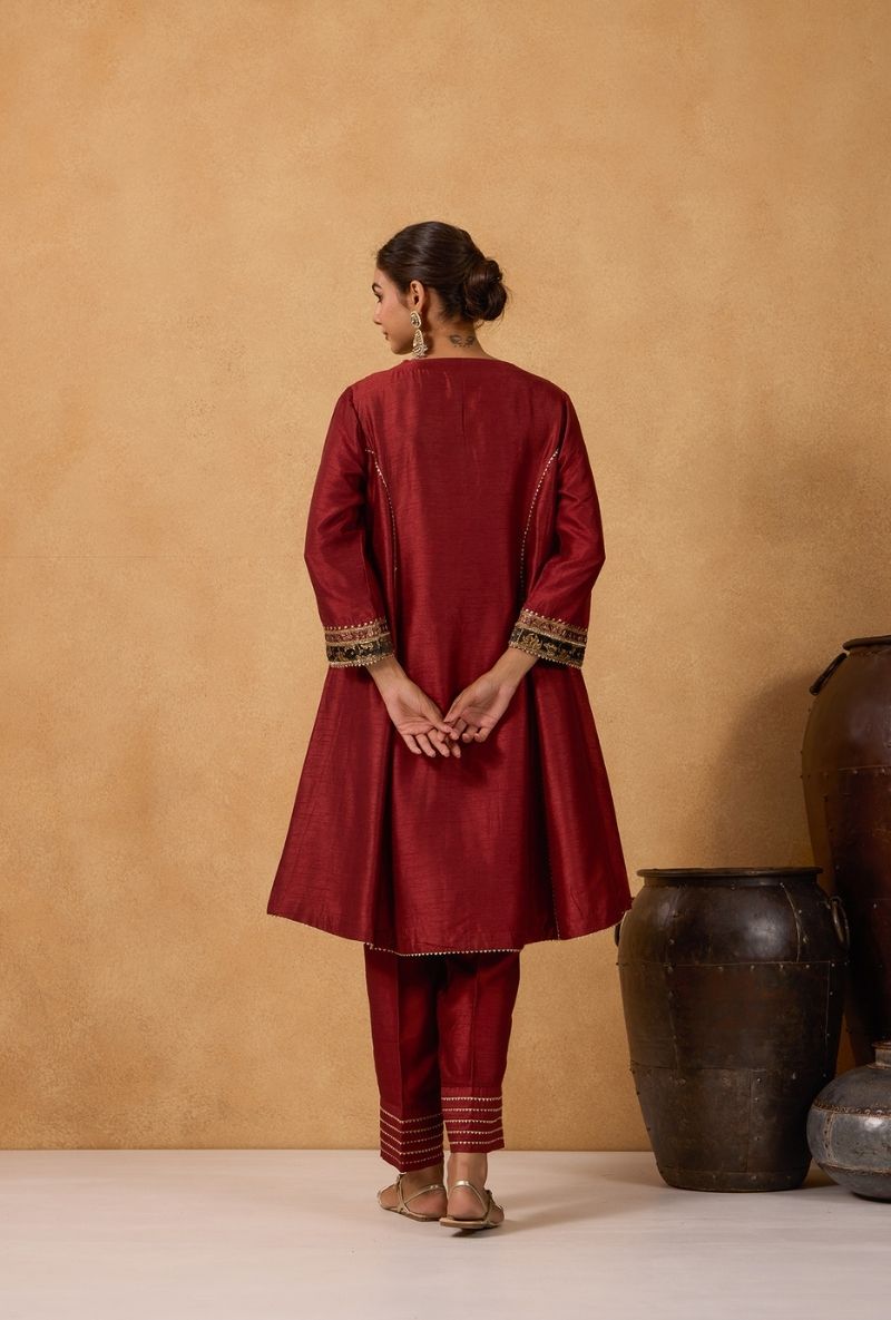 Brick Red Hand Embroidered Yoke Choga Surily Kurta Set