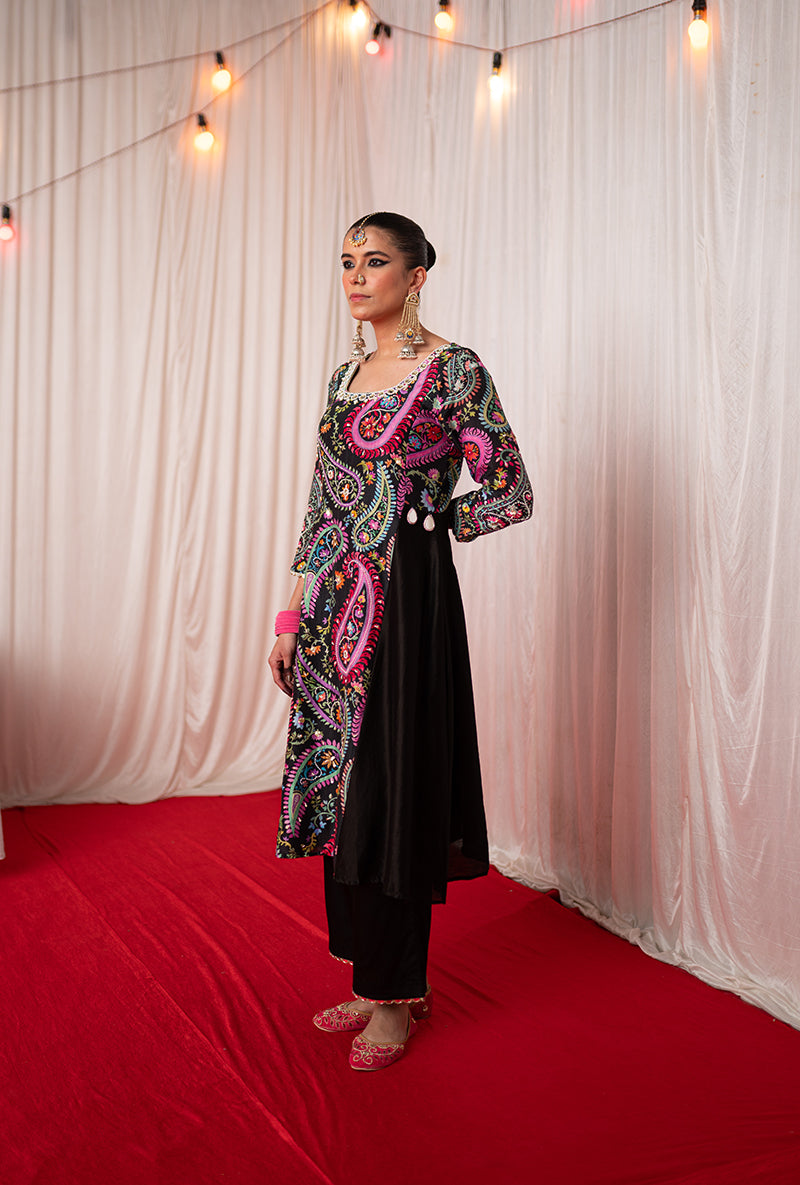 Black Embroidered Side Panel Kikli Kurta Set