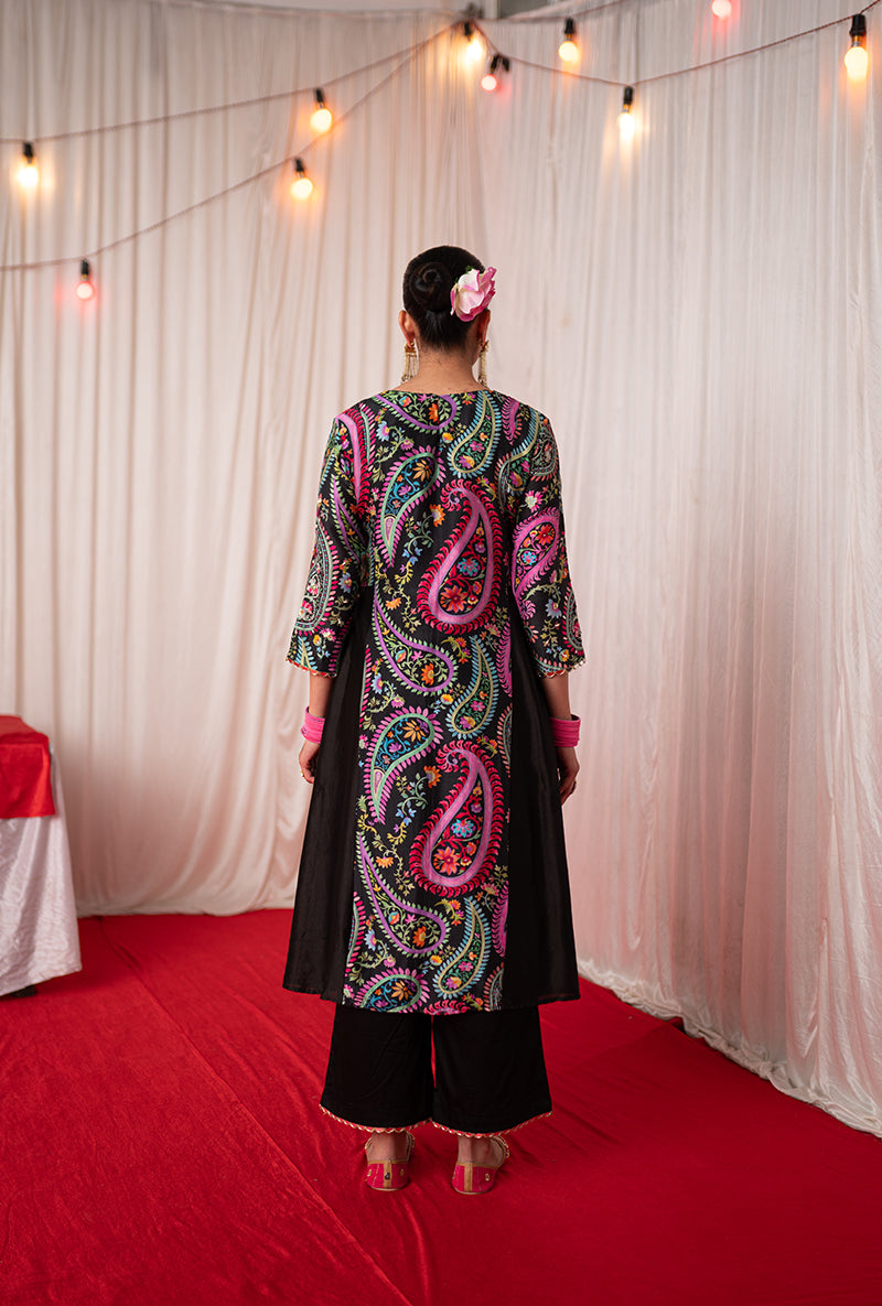 Black Embroidered Side Panel Kikli Kurta Set