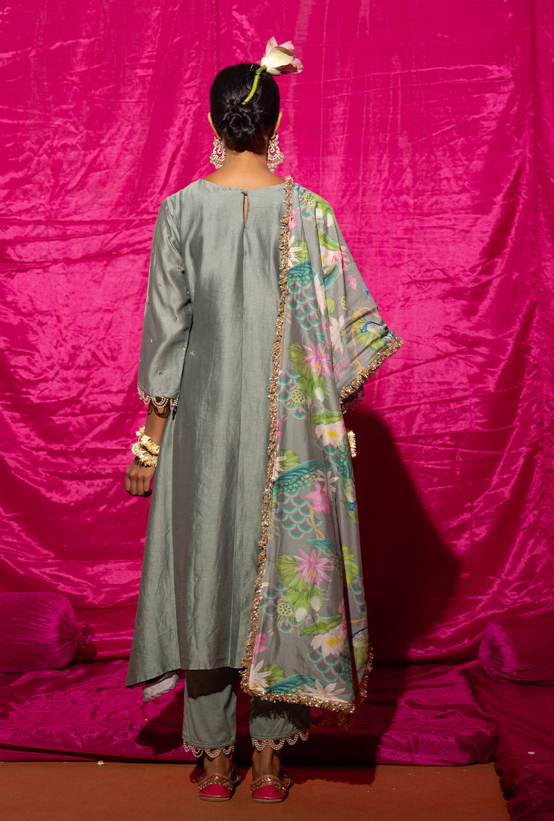 Grey Peacock Motif Kamli Kurta Set