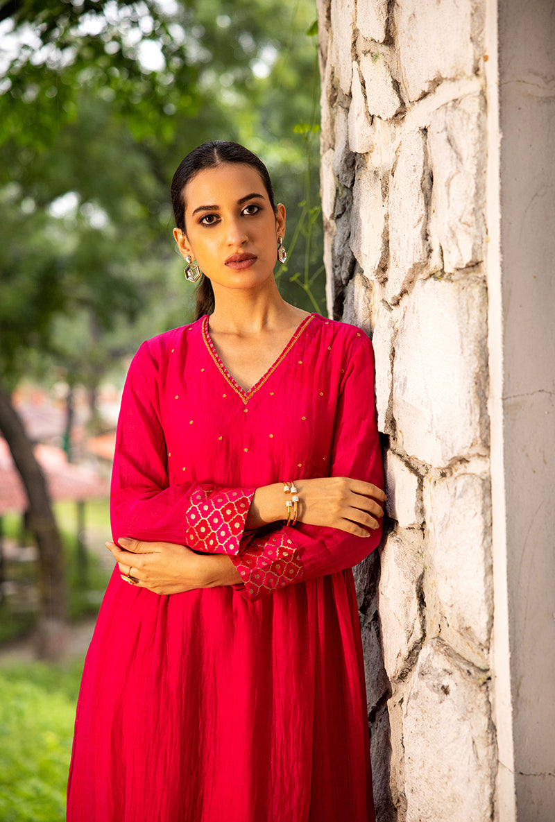 Magenta Pink French Knot Work Dor Kurta Set
