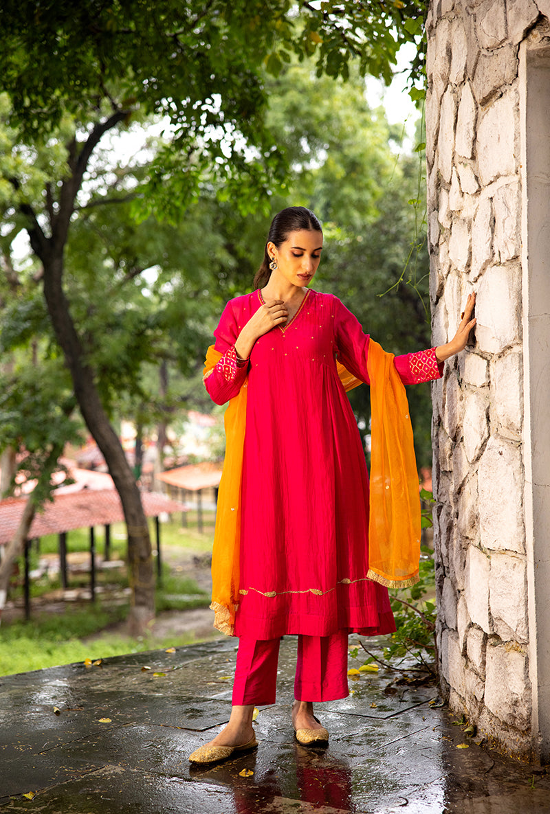 Magenta Pink French Knot Work Dor Kurta Set