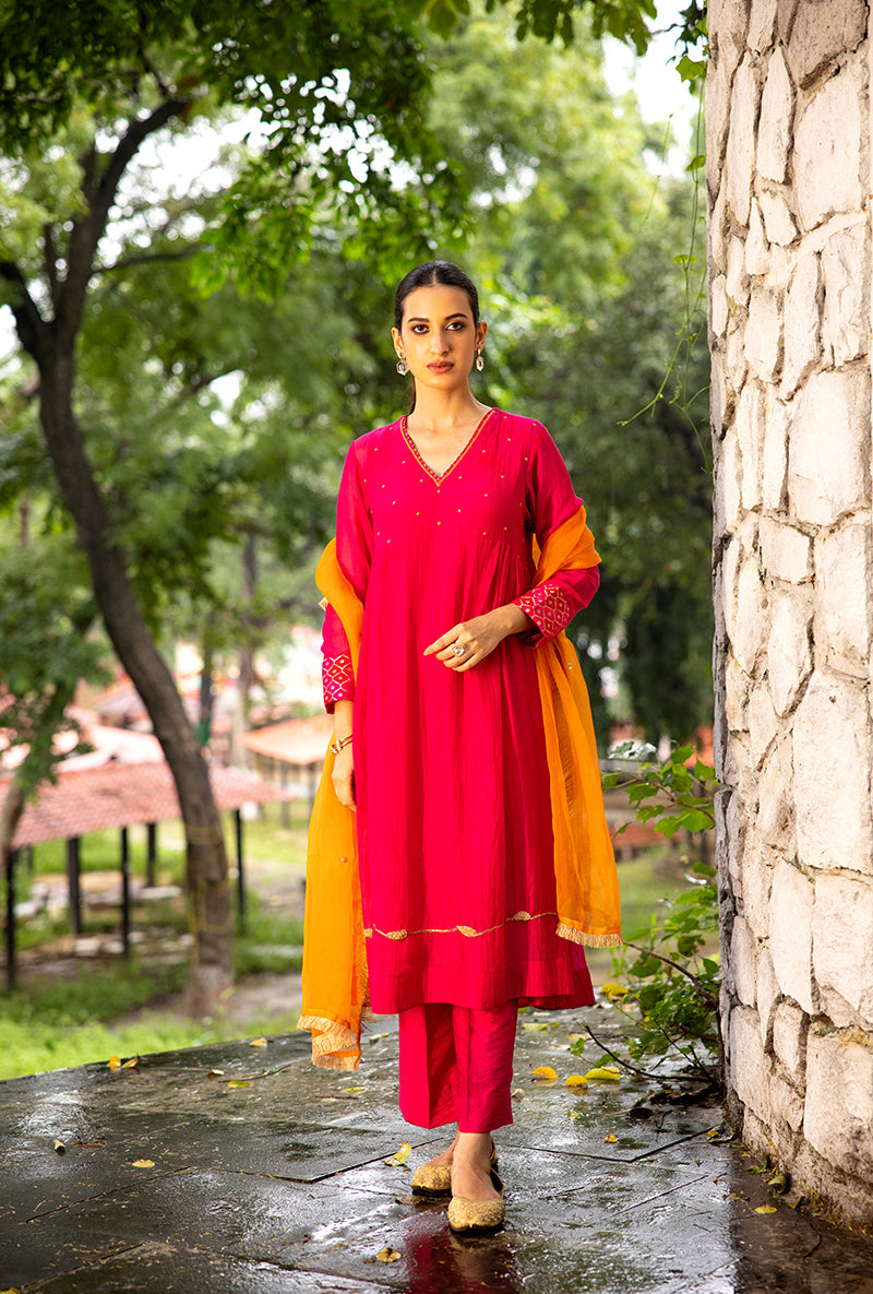 Magenta Pink French Knot Work Dor Kurta Set