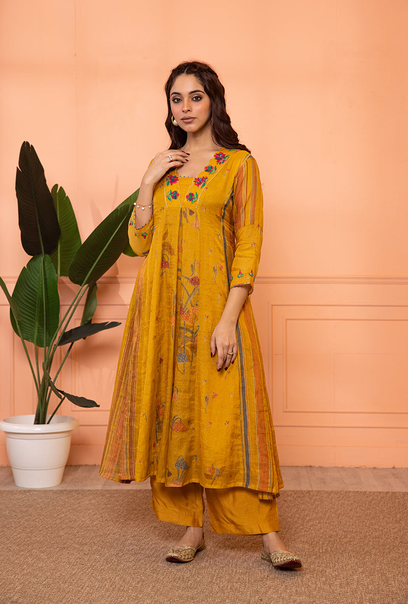 Mustard Yellow V-Neck Scallop Sia Kurta Set