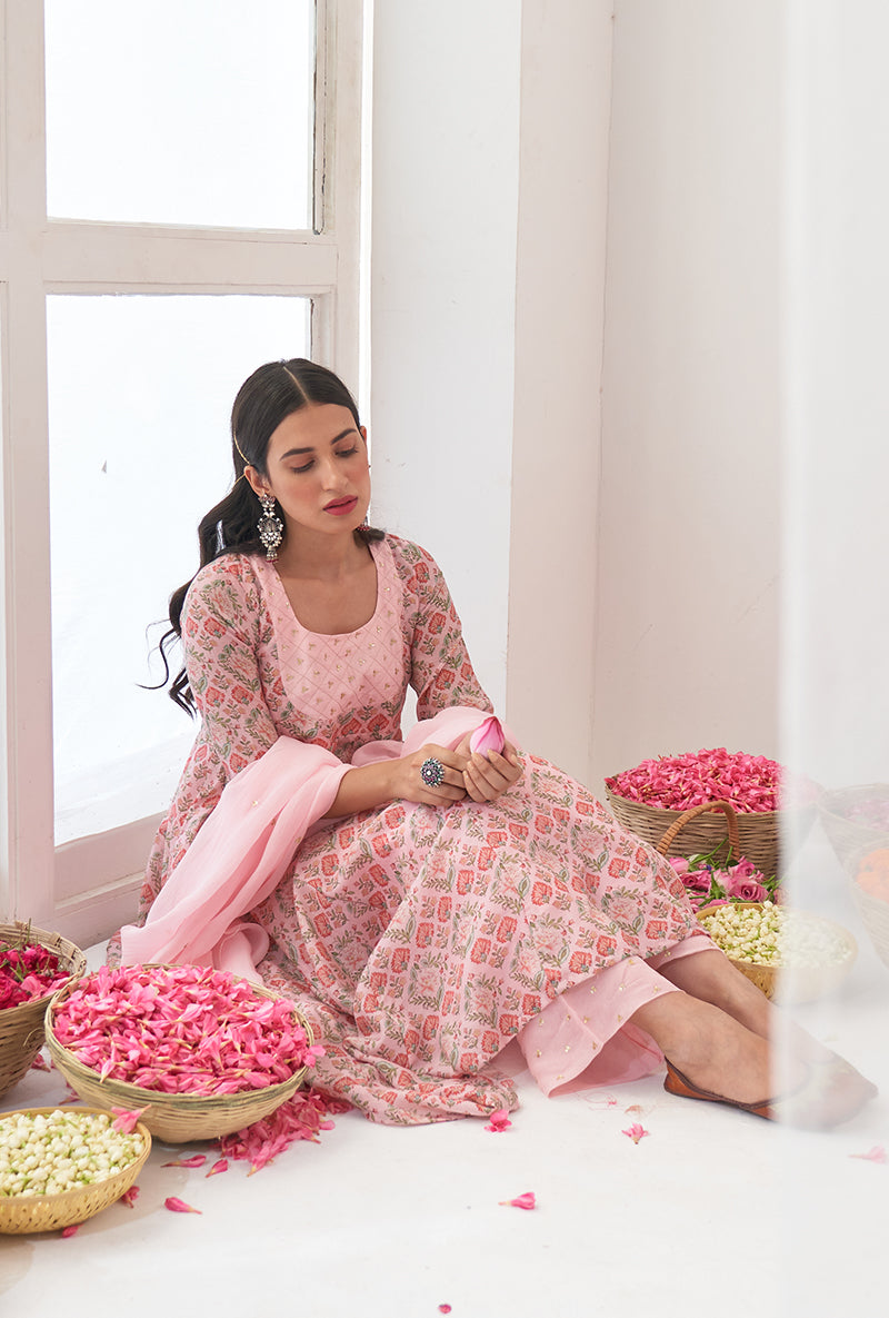 Powder Pink Digitally Printed Iris Anarkali Set