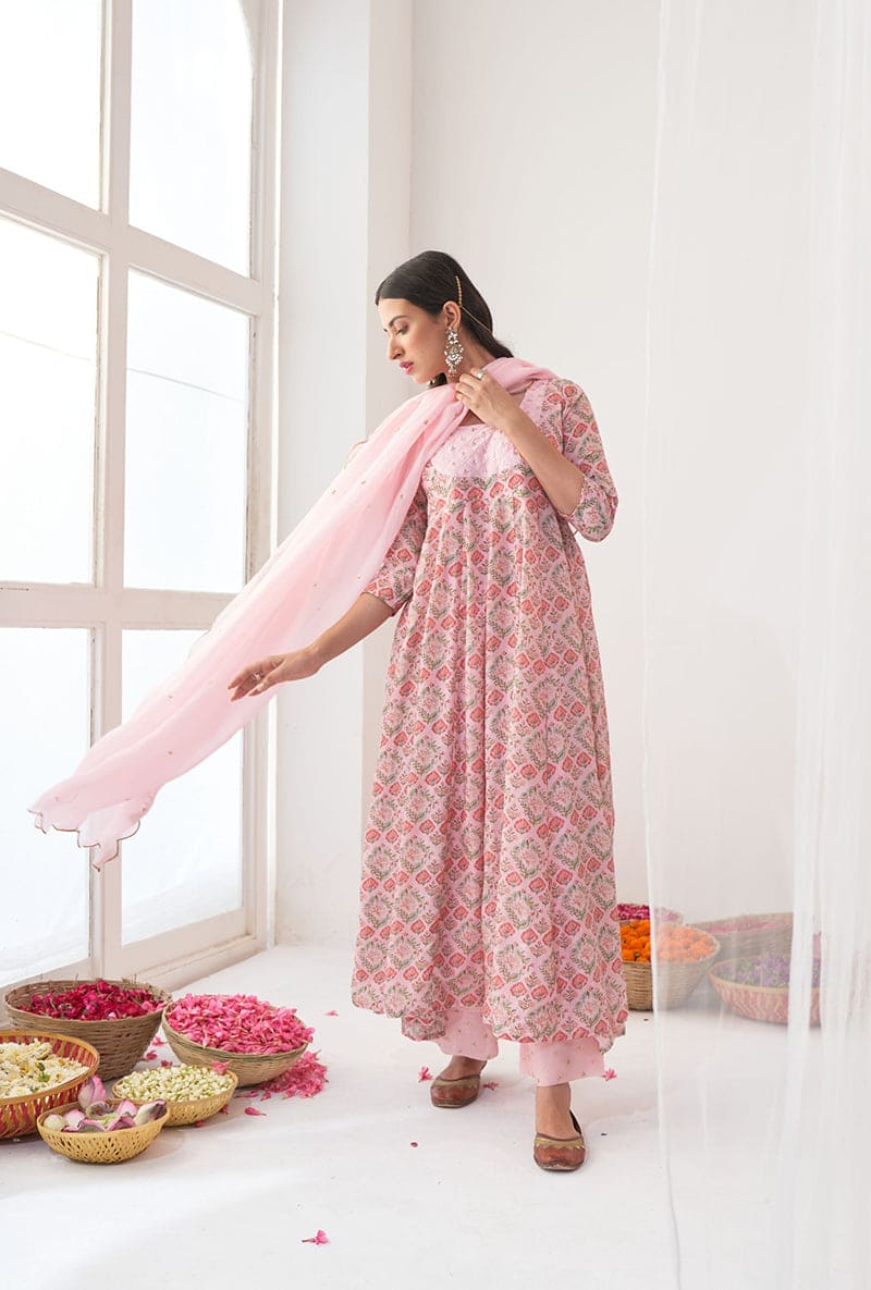 Powder Pink Digitally Printed Iris Anarkali Set