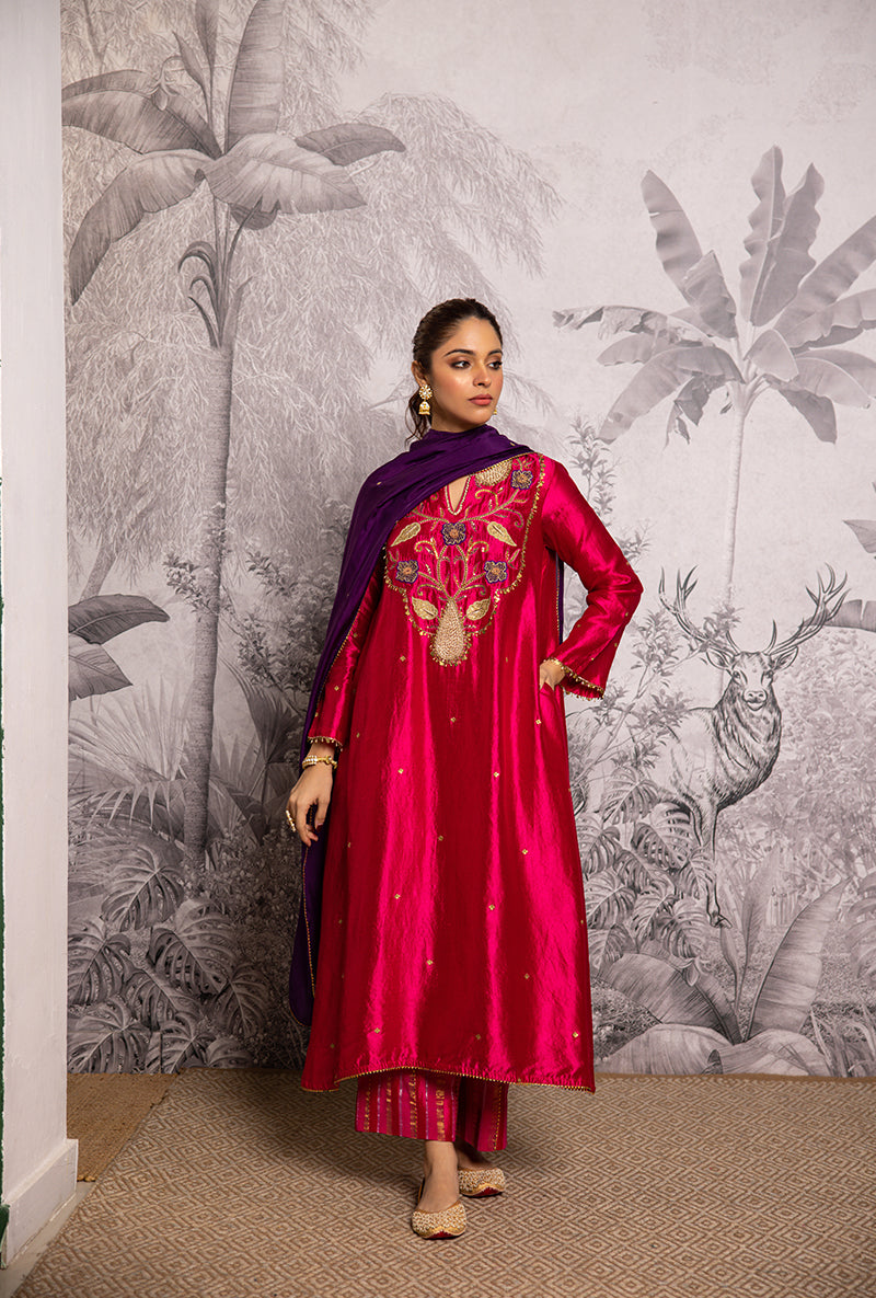 Rani Pink Cheent Embroidered Long Yoke Style Shaheen Kurta Set