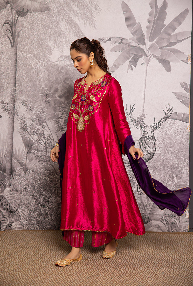 Rani Pink Cheent Embroidered Long Yoke Style Shaheen Kurta Set