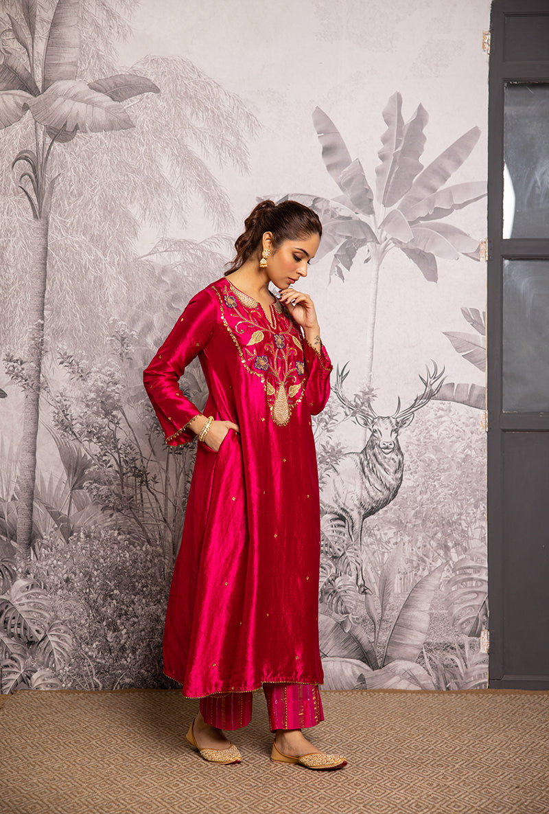 Rani Pink Cheent Embroidered Long Yoke Style Shaheen Kurta Set