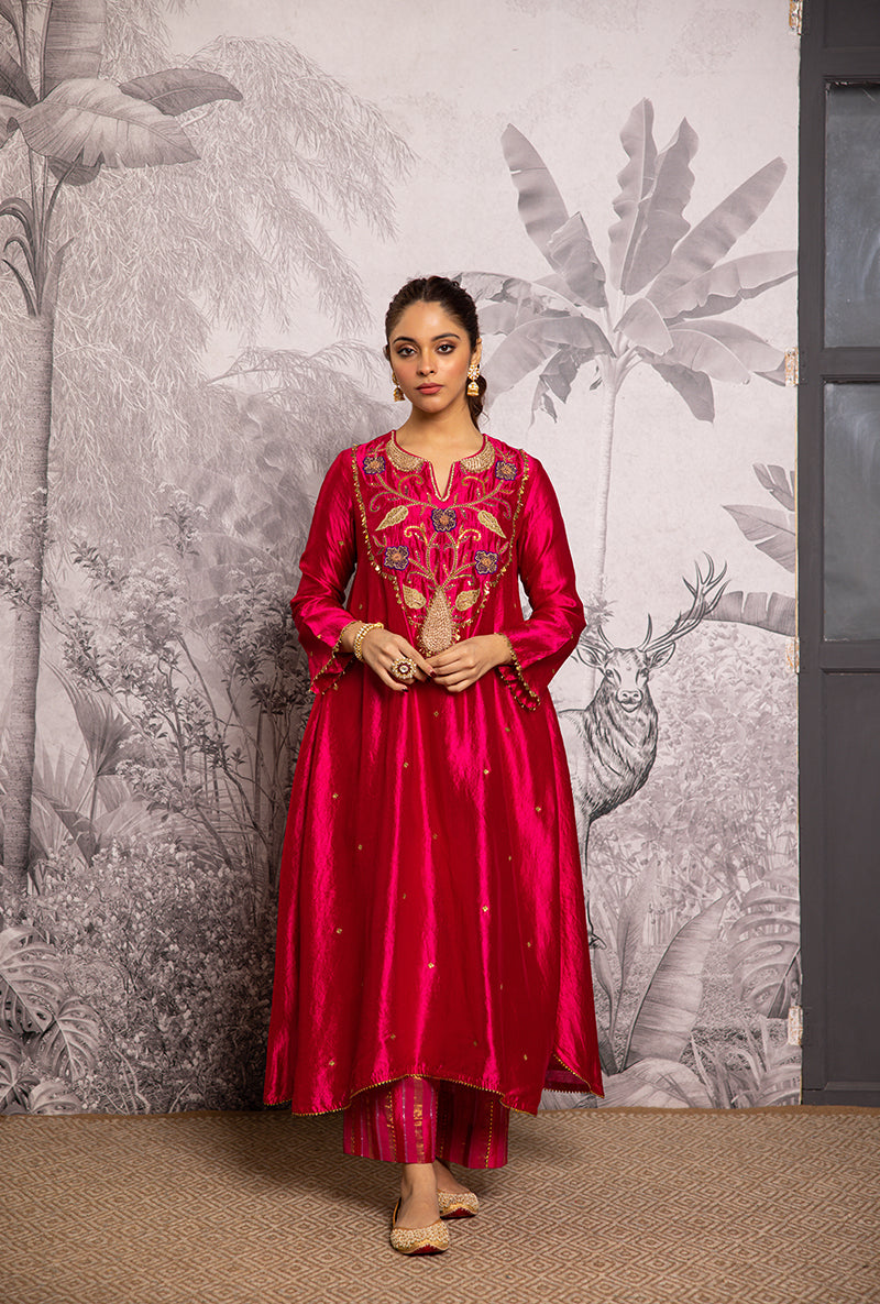 Rani Pink Cheent Embroidered Long Yoke Style Shaheen Kurta Set