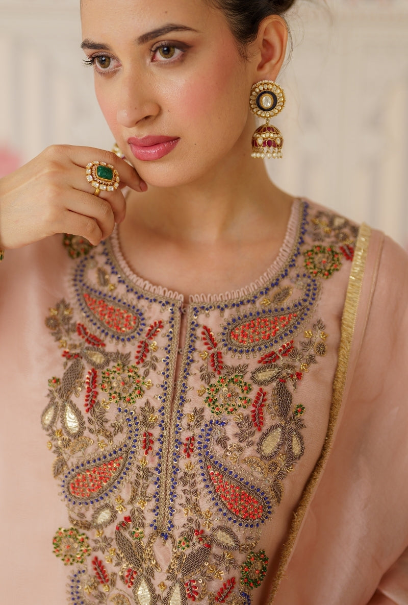 Powder Pink Dabka Long Yoke Mallika Kurta Set