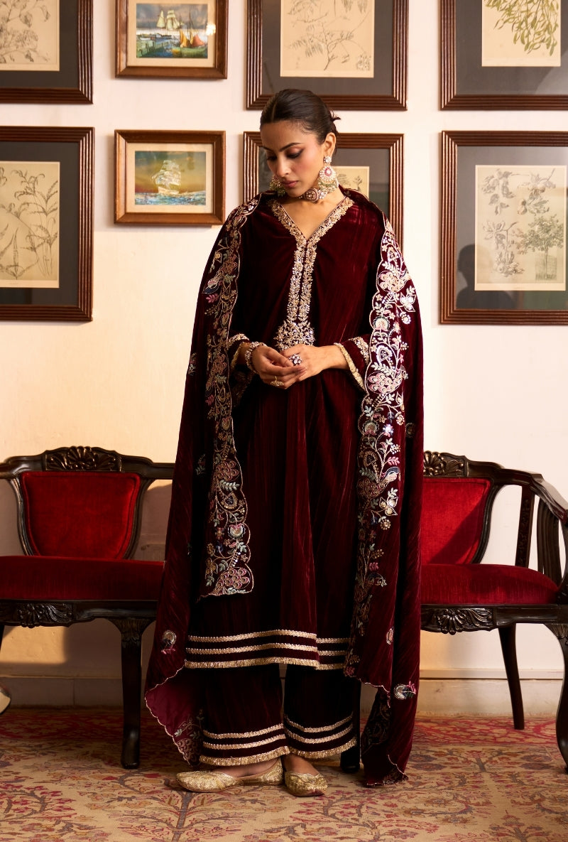 Wine Crushed Velvet Dilbar Kurta Set