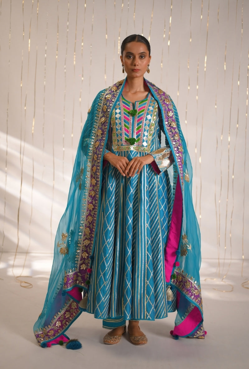 Peacock Blue Gota Lace and Patti Long Mehreen Anarkali Set
