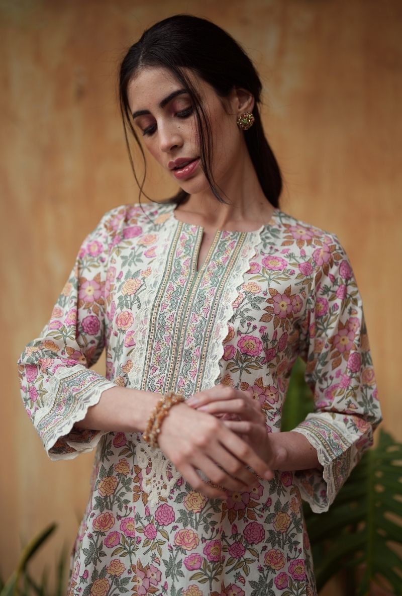 Ivory Handblock Print Short Kurta Raisa Gharara Set