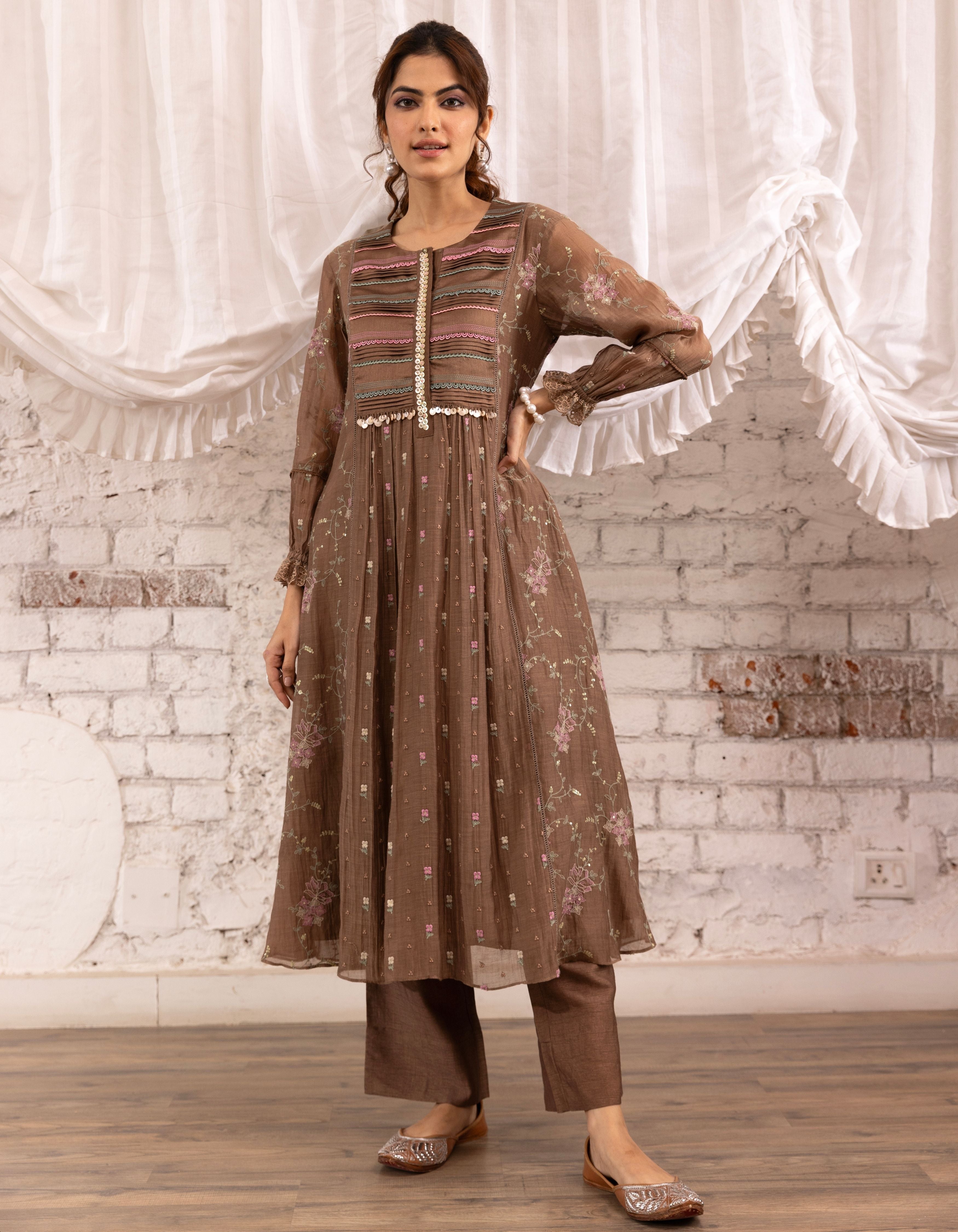 Brown Threadwork Long Yoke Noor Kurta Set