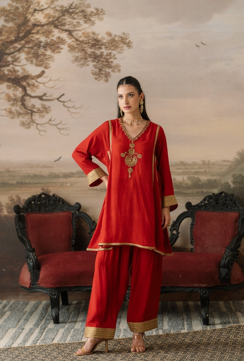 Rust Embroidered Motif Choga Gulbano Salwar Set