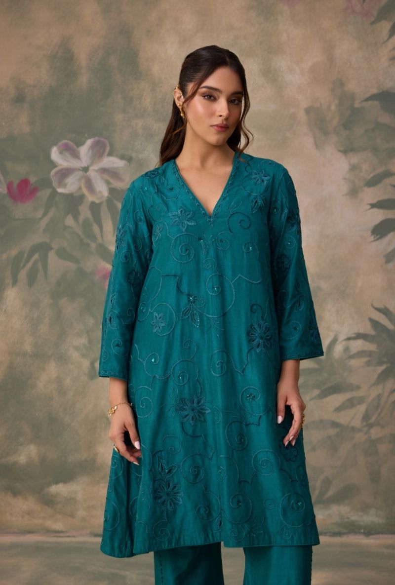 Teal Green All Over Thread Work Jalsa Kurta Set