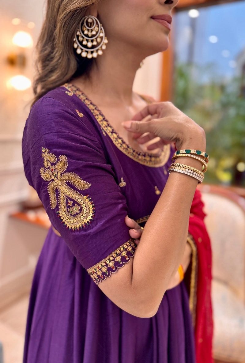 Meghna Nayyar in Purple Zari Motif Anarkali Set