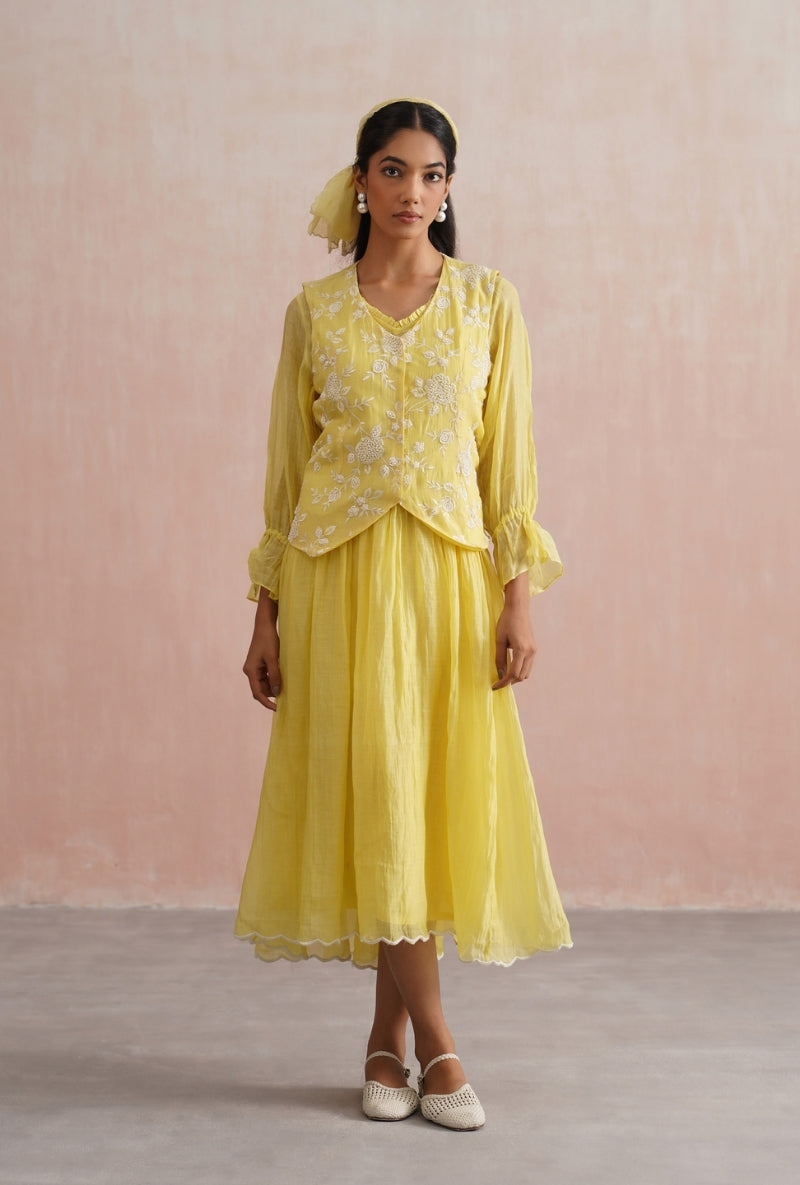 Lemon Yellow Pearl Embroidered Waistcoat Prisha Dress
