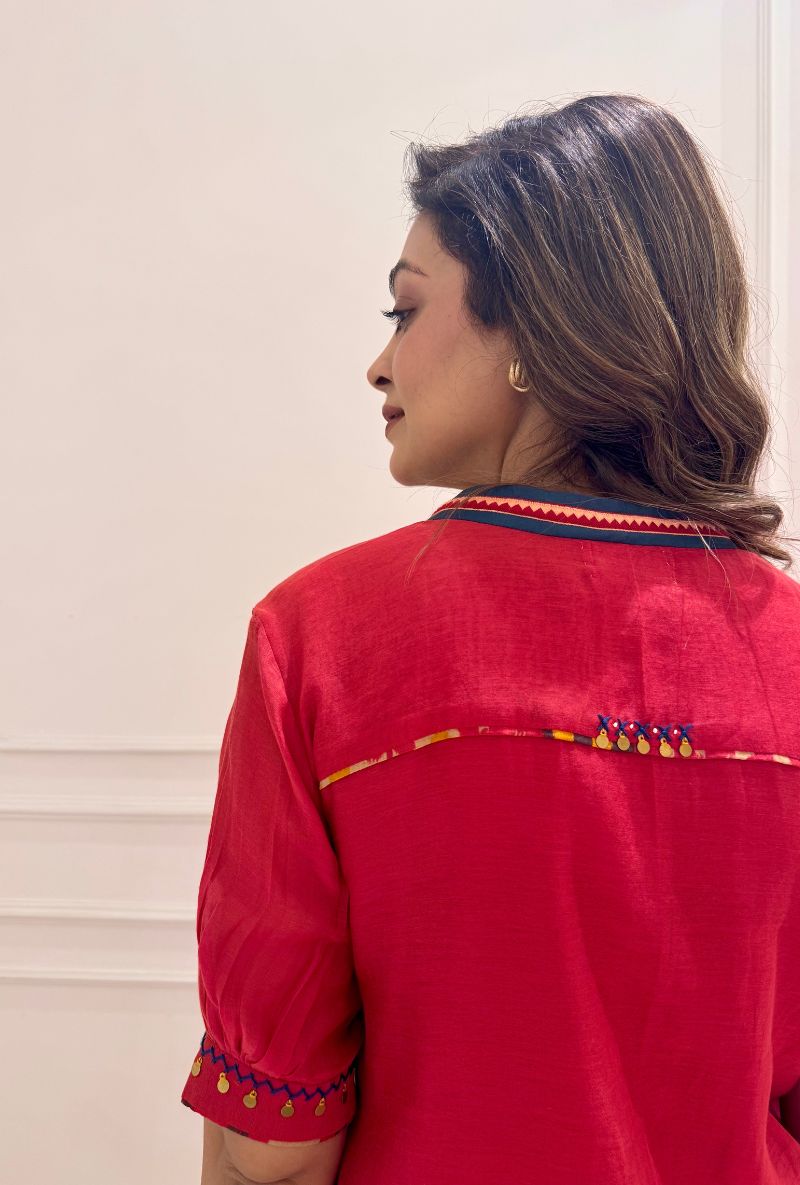 Meghna Nayyar in Red Marodi Embroidery Placket Maeri Kurta Set