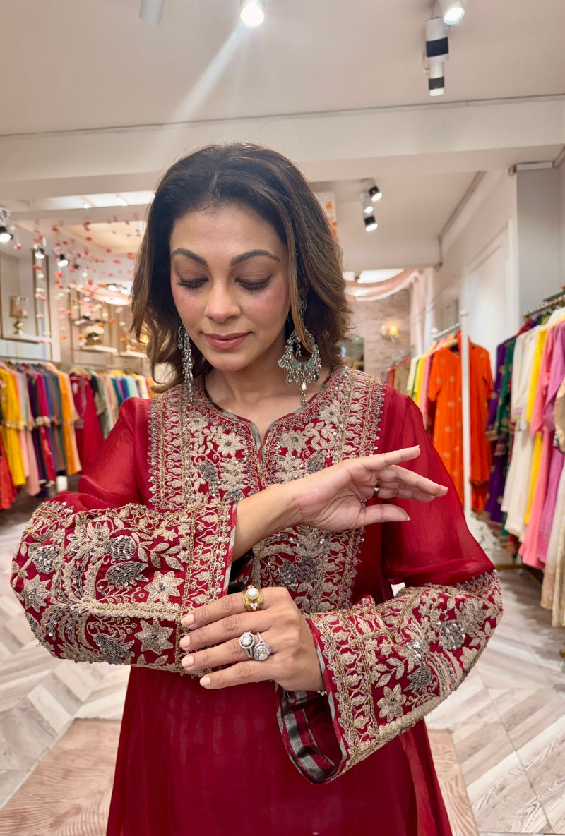 Meghna Nayyar in Red Dori &amp; Sequin Hand Embroidered Mallika Farshi Set