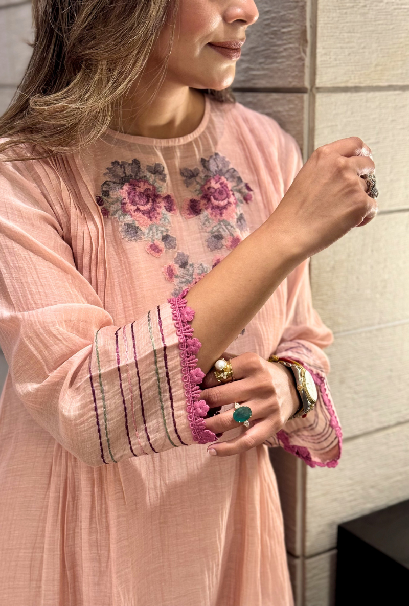 Meghna Nayyar in Soft Pink Floral Embroidered Kurta Set