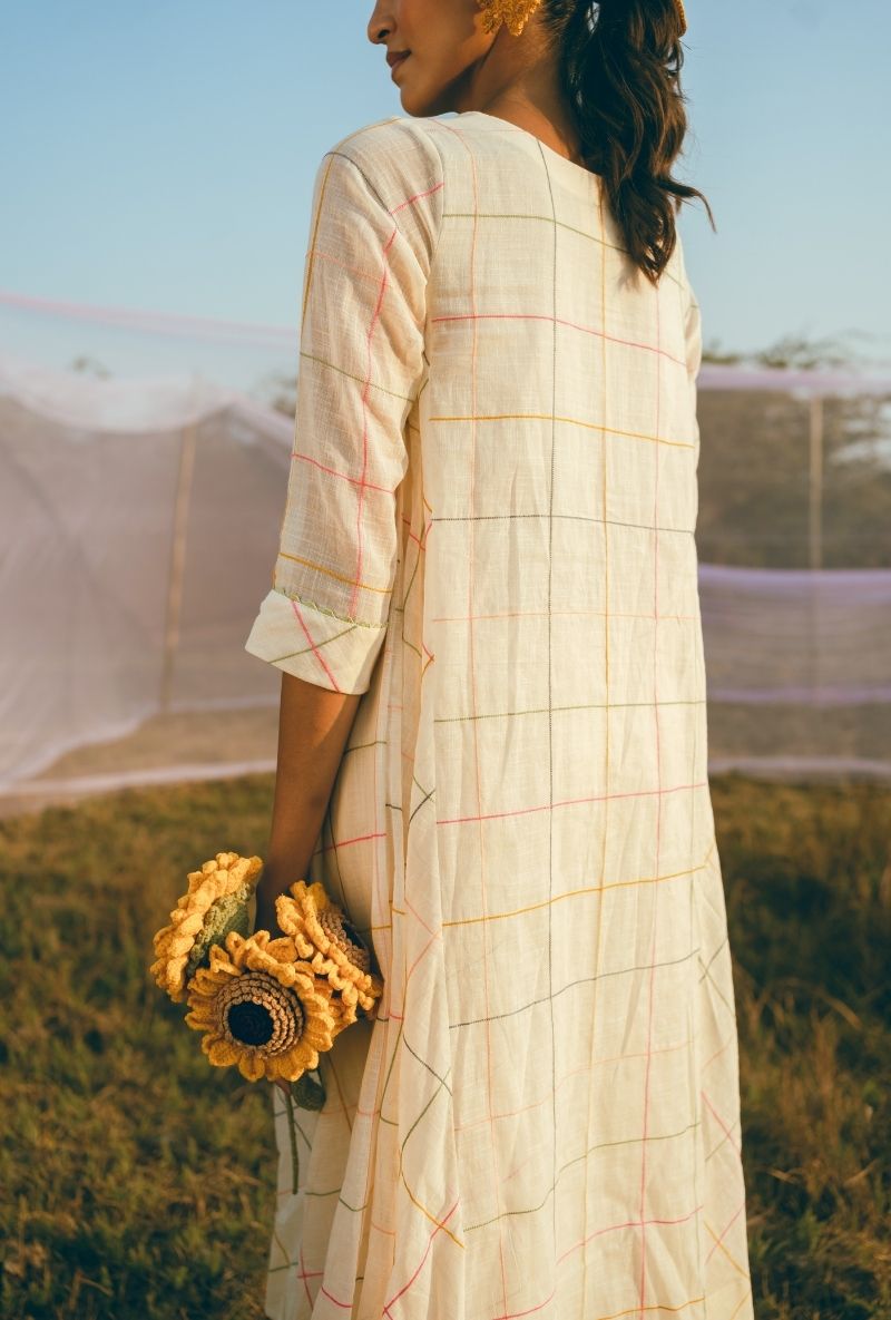 Ivory Colourful Crochet Button Barfi Kurta Set