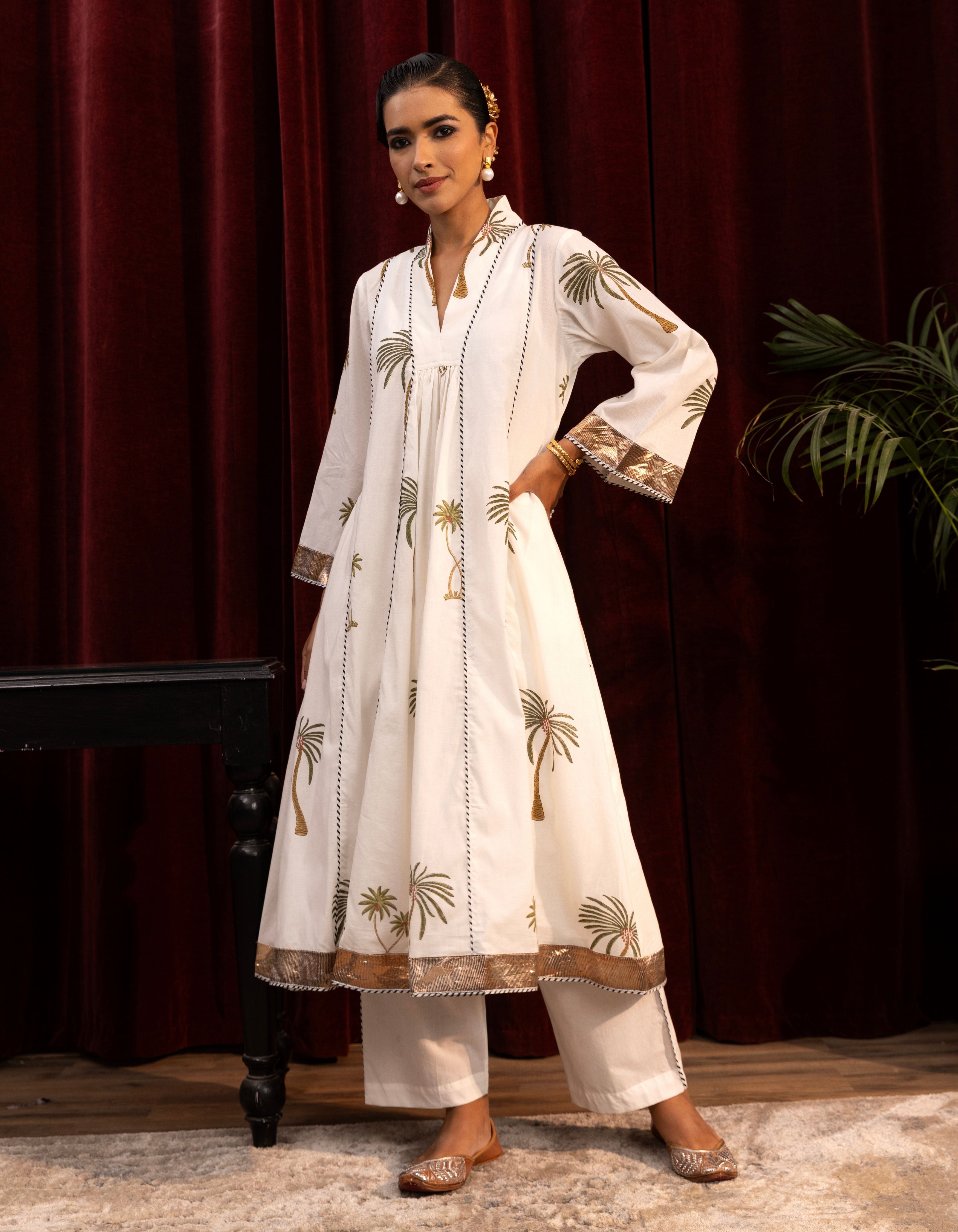 White Palm Print Kali Mogra Kurta Set