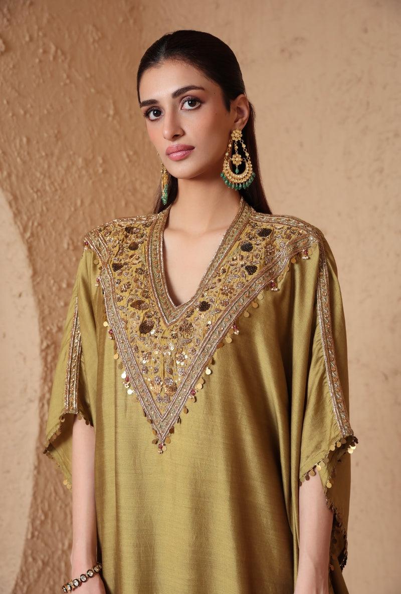 Olive Green V Neck Nihira Kaftan Set