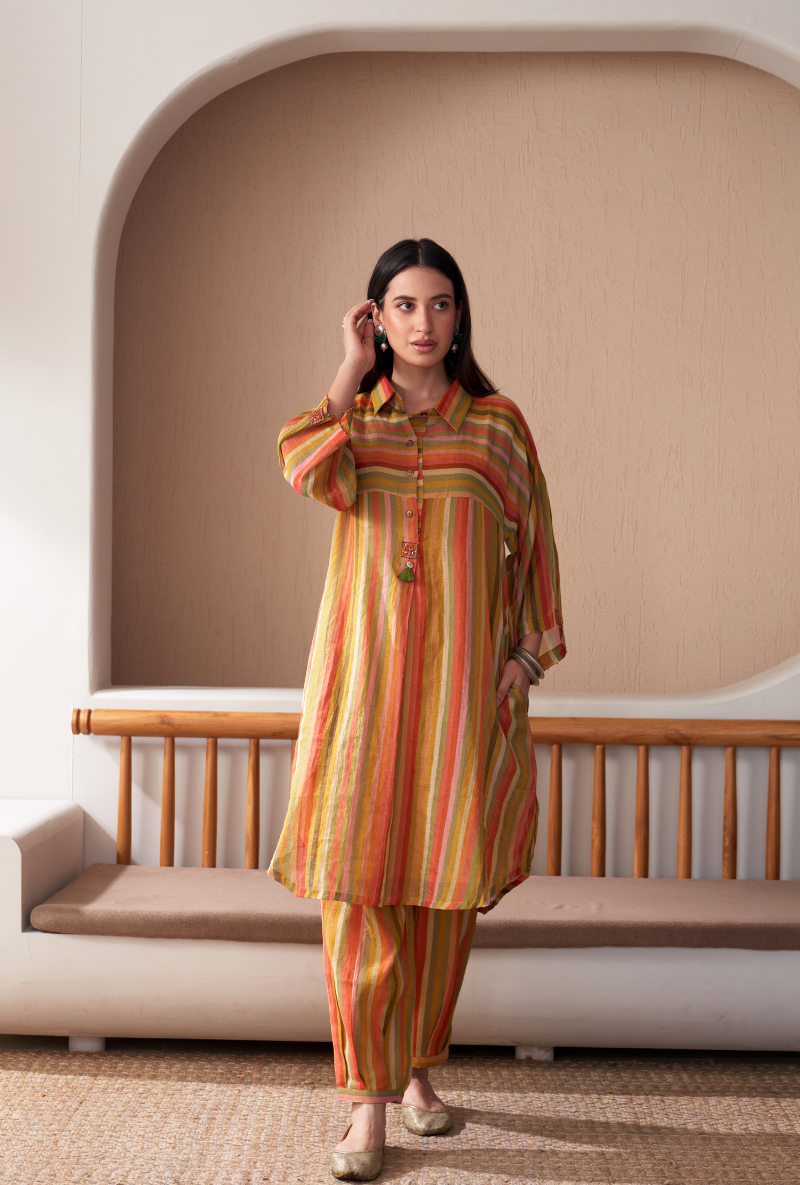 Mustard Anti Fit Stripe Bageecha Kurta Set