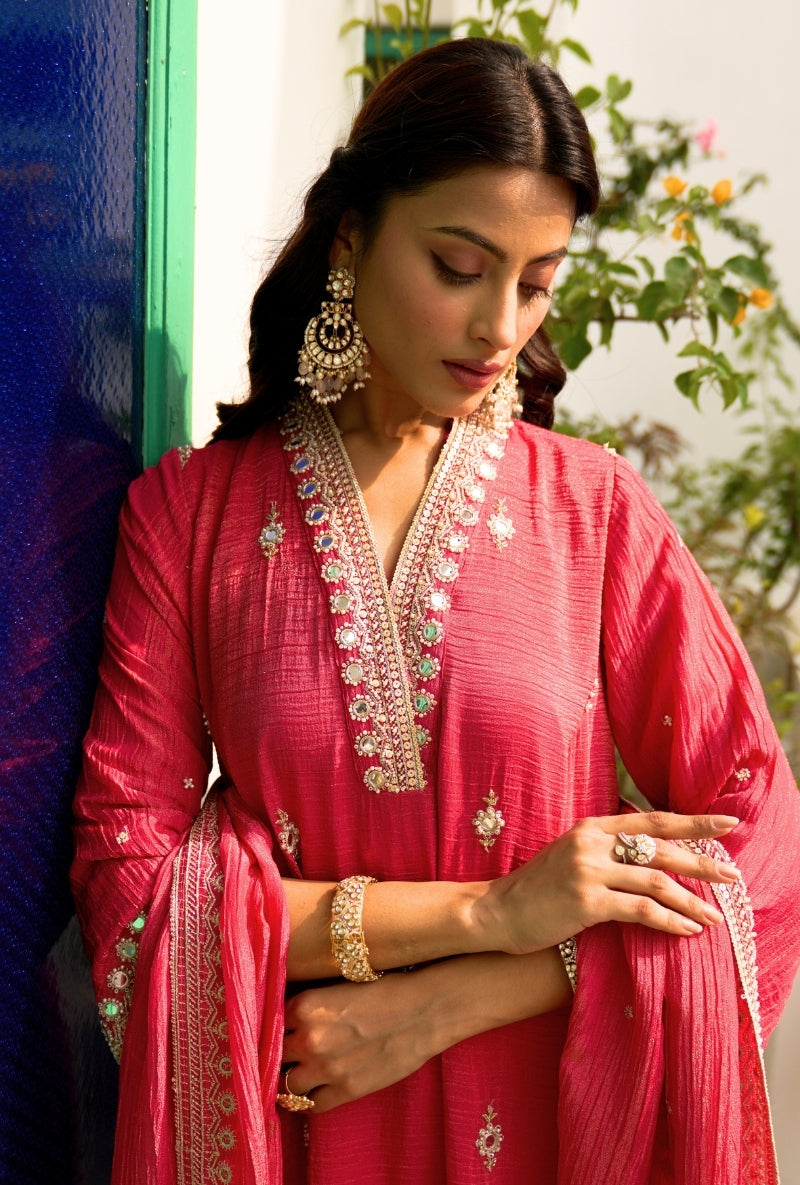 Red Embroidered A-Line Nadira Farshi Salwar Set