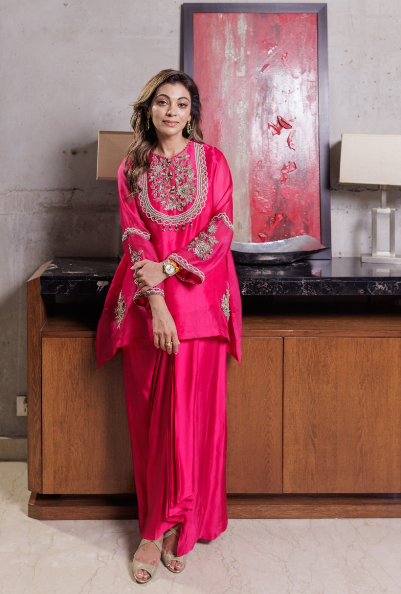 Meghna Nayyar in Rani Pink Dabka Long Yoke Drape Skirt Set