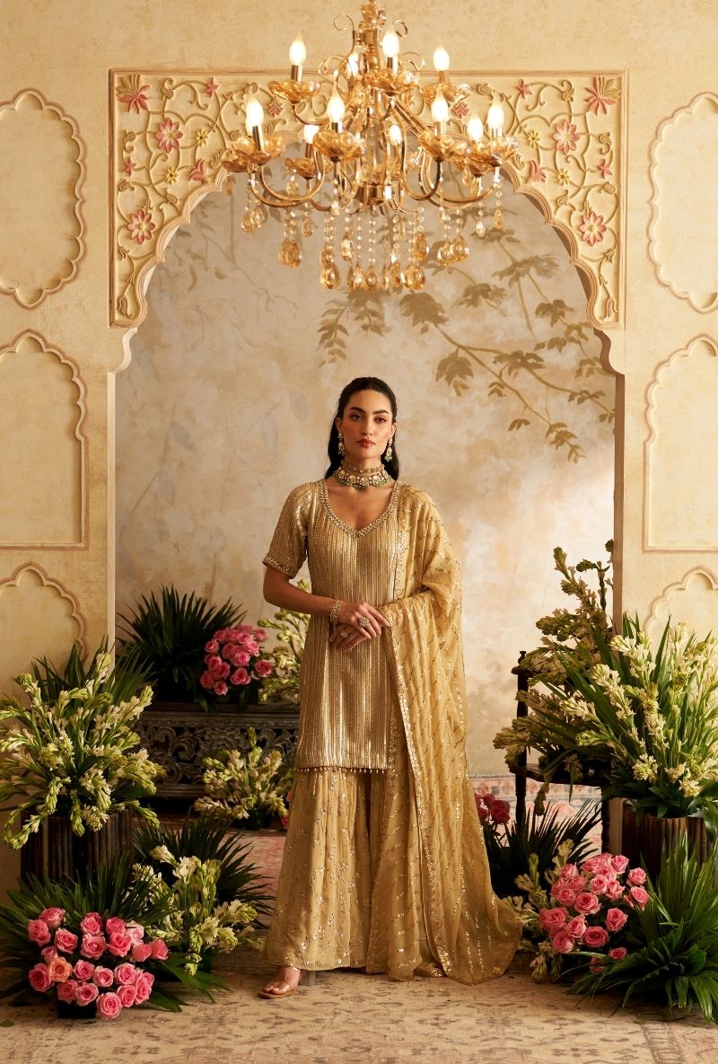 Beige Stripes Sequin Rumi Gharara Set