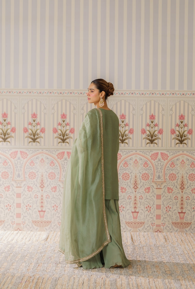 Pista Green Gota and Resham Hand Embroidered Mallika Sharara Set