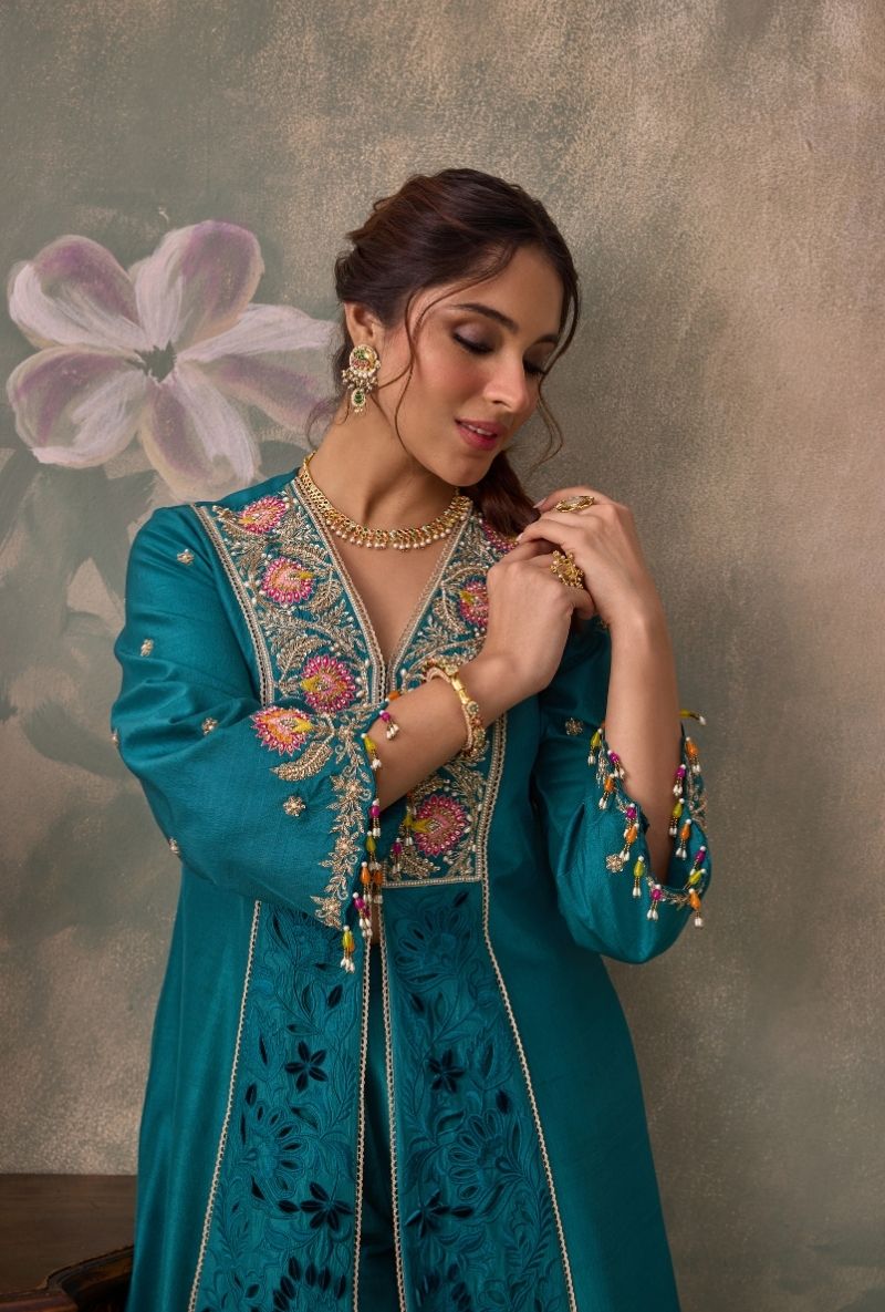 Teal Green Embrodered Yoke Jalsa Kurta Set