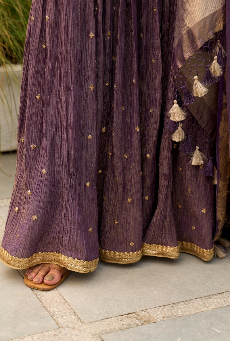 Purple Embroidered Yoke Tissue Sabah Sharara Set