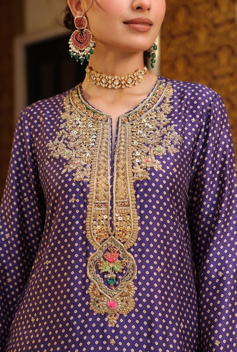 Purple Printed Pakhi Yoke Straight Mehfil Kurta Set