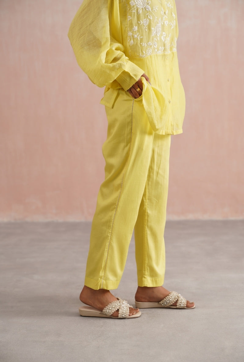Lemon Yellow Pearl Embroidered Kimono Prisha Co-ord Set