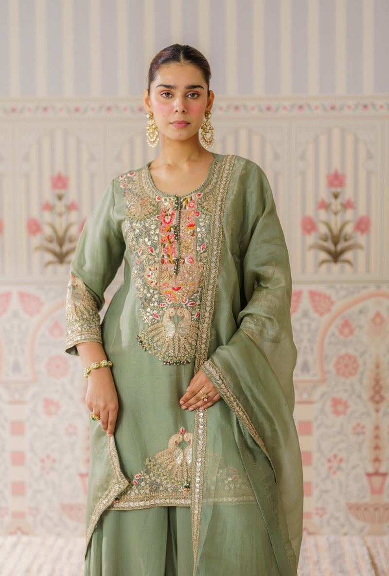 Pista Green Gota and Resham Hand Embroidered Mallika Sharara Set