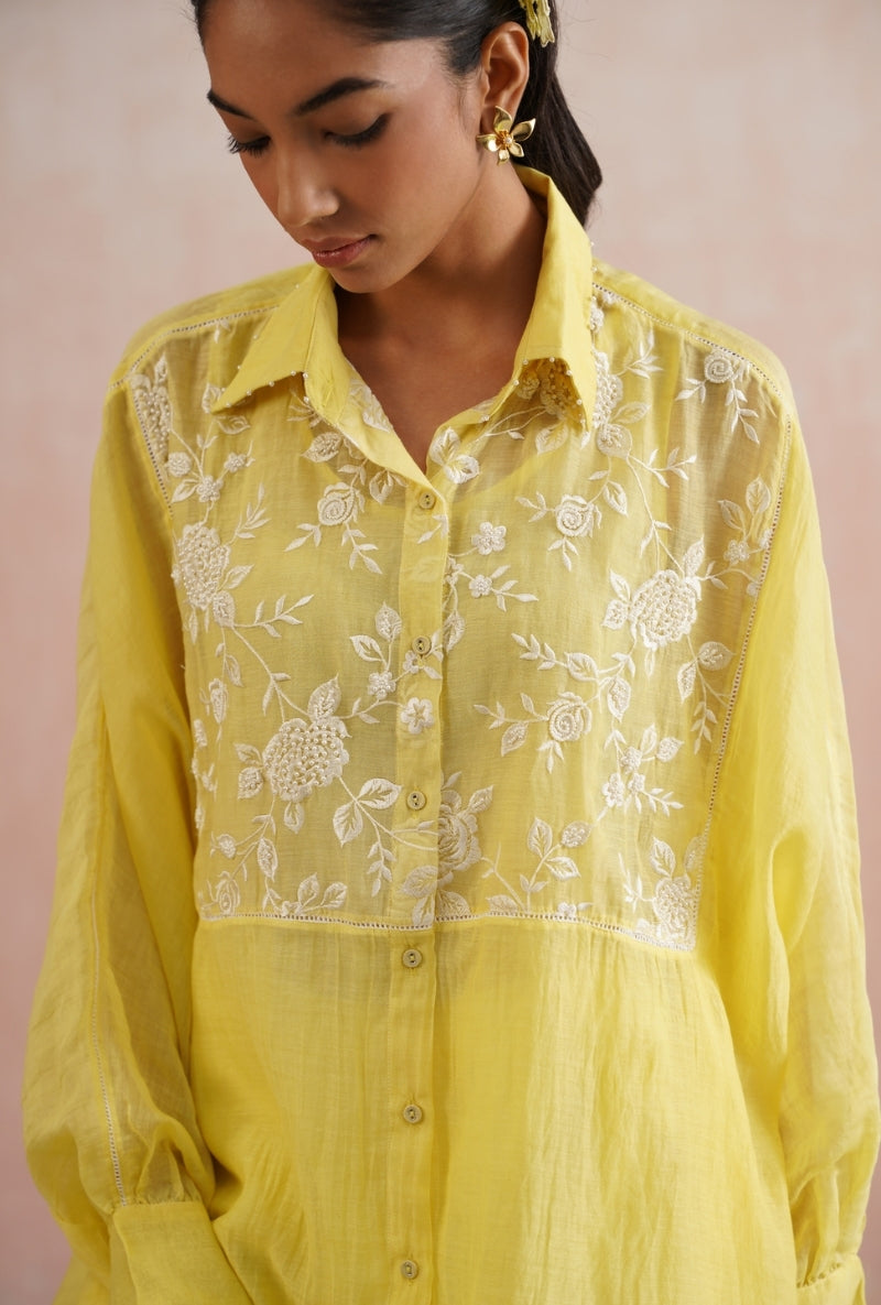 Lemon Yellow Pearl Embroidered Kimono Prisha Co-ord Set
