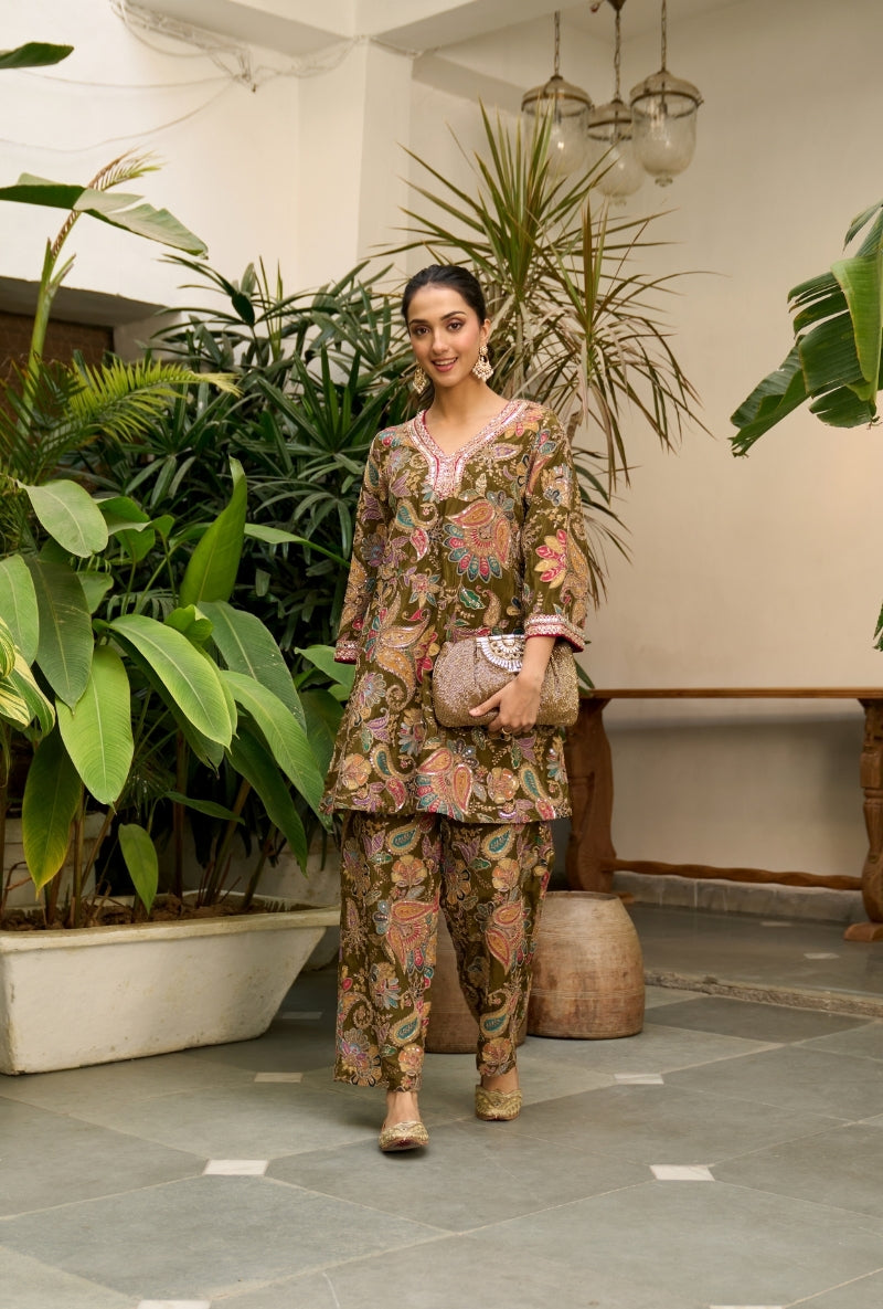 Green All Over Paisely Print Nadira Co-Ord Set