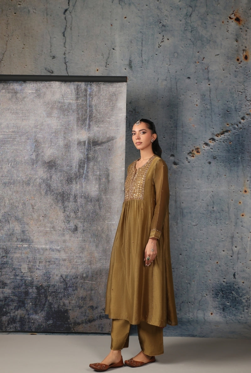 Olive Green Frockstyle Nihira Kurta Set