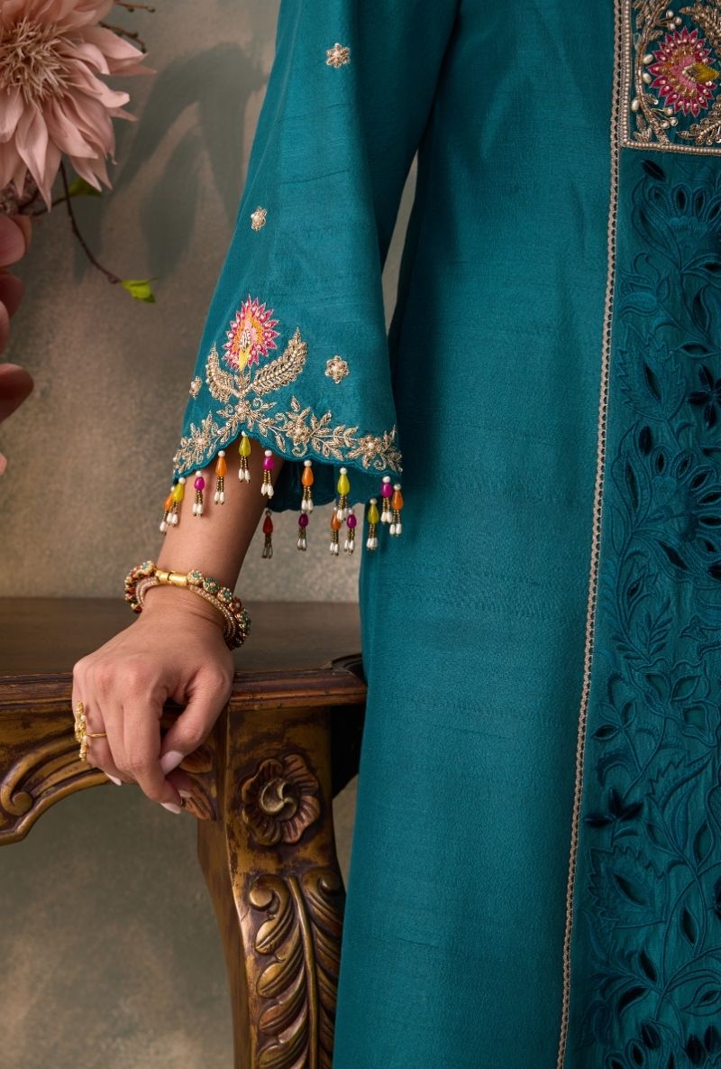 Teal Green Embrodered Yoke Jalsa Kurta Set